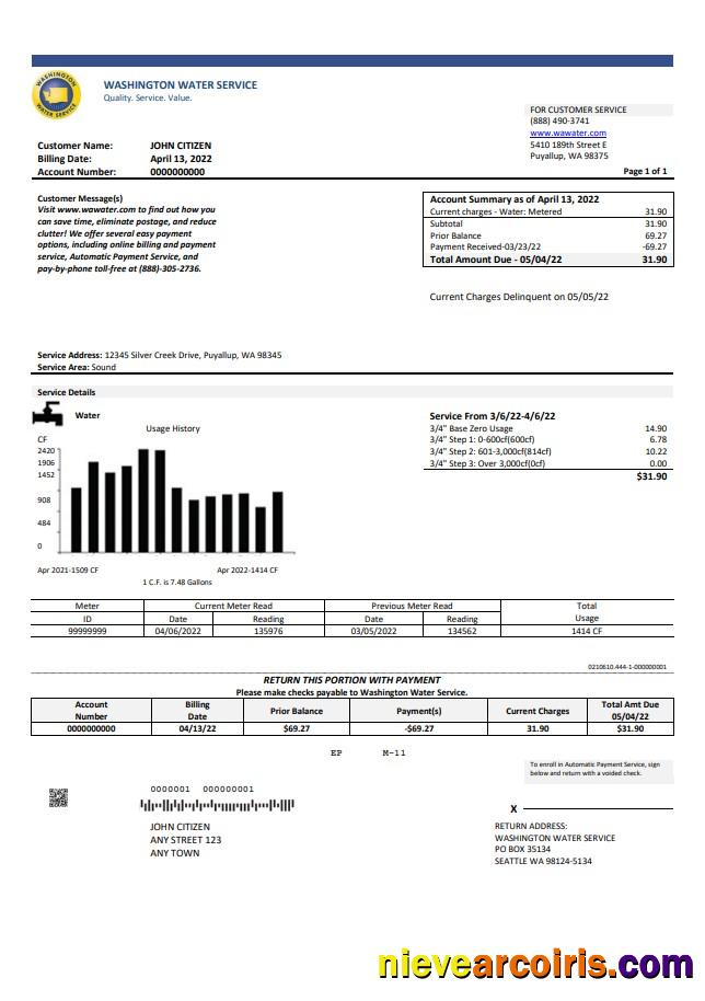 USA Washington Water Service utility bill